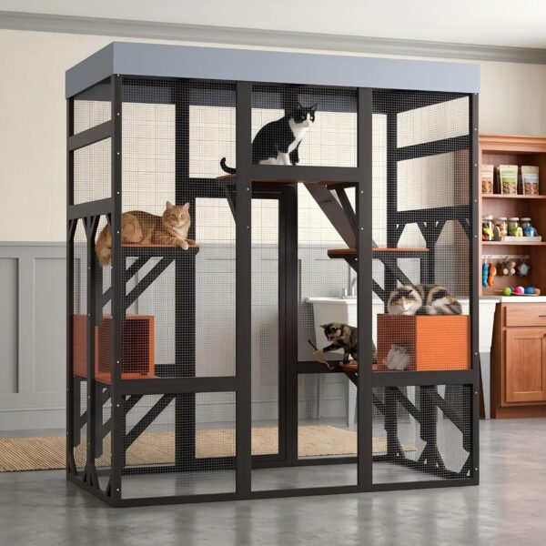 Catio KEIKI MM00590 62.6 Pulgadas Negro Techo Impermeable Madera Sólida Malla Metálica Galvanizada