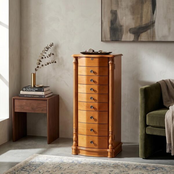 Armario Joyero Hives Honey Louis con Cerradura 8 Cajones Espejo Ganchos para Collar y Rollos para Anillos Oak