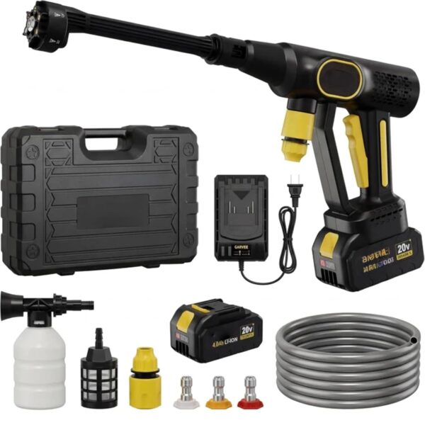 Lavadora a Presión Inalámbrica Garvee AT9gLckHT 20V 320 PSI 2.5 GPM Boquilla 5 en 1 Batería 4.0Ah Manguera 8 Metros Negr