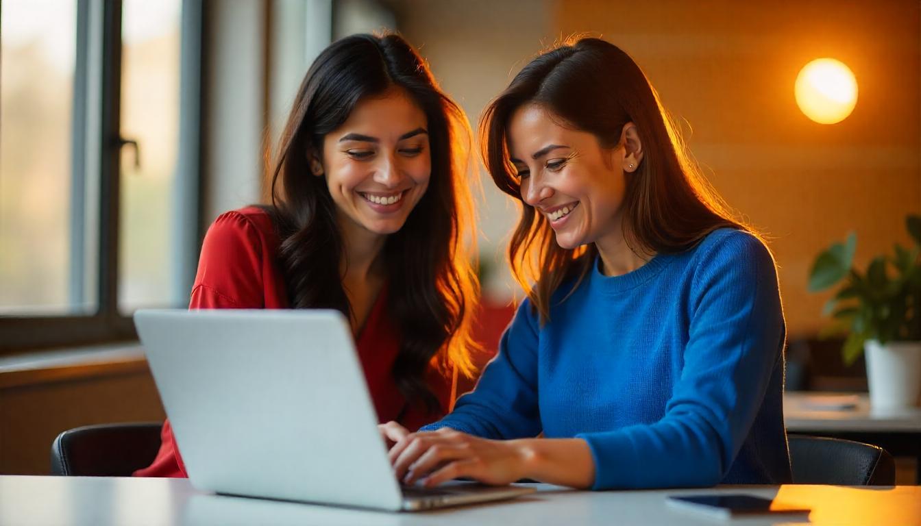 Madre e hija revisando juntas una laptop con una página de rastreo abierta