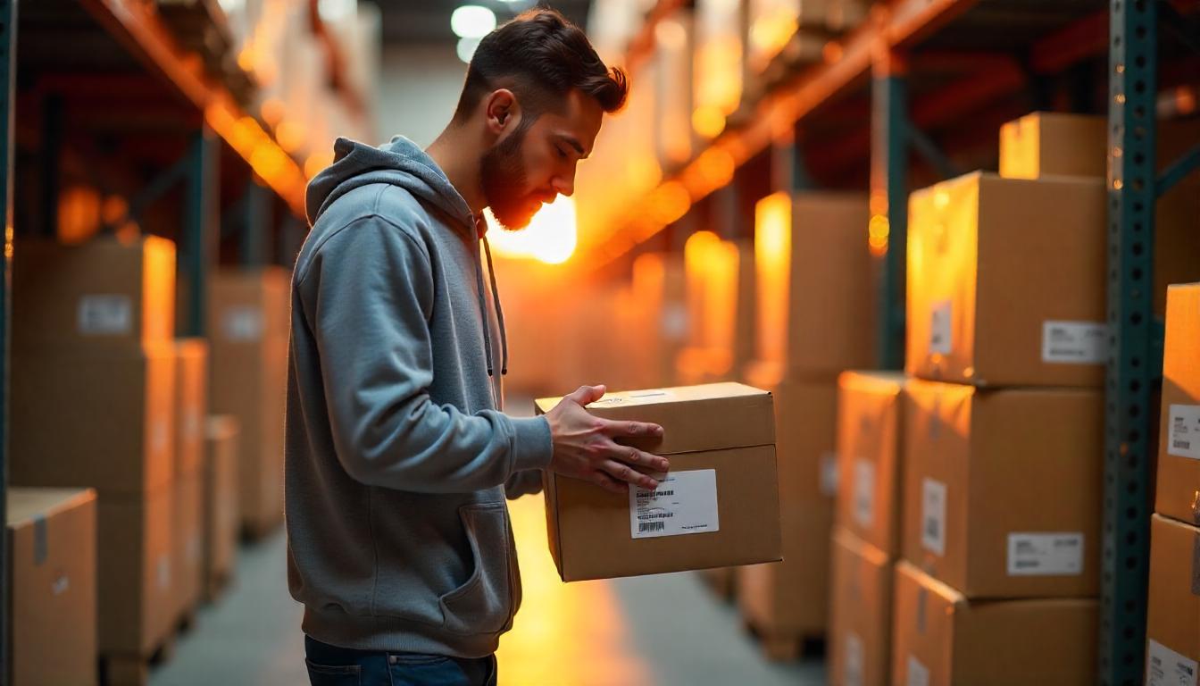 Un emprendedor en su almacén revisando paquetes recién llegados con etiquetas de importación. Tema:¿Cómo calcular el valor de aduana en tus importaciones?