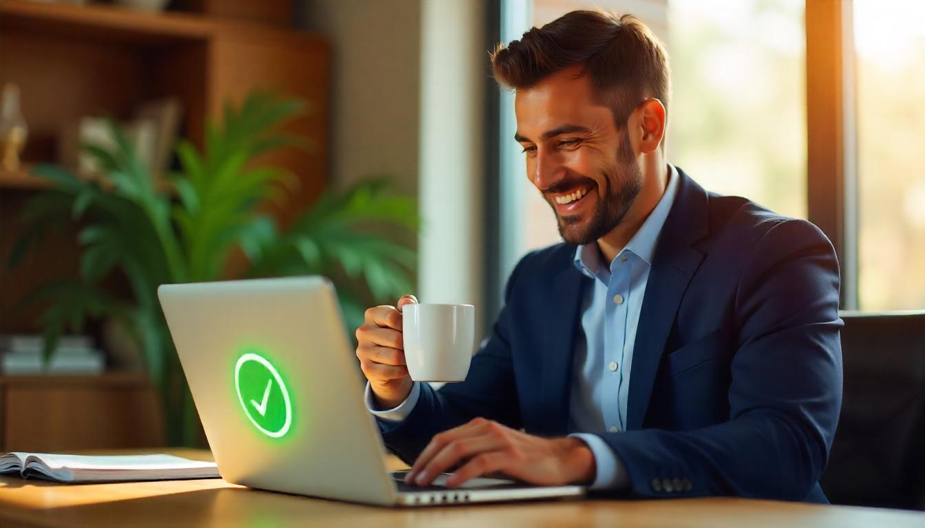Un empresario sonriente en su oficina, levantando una taza de café mientras revisa su laptop, con una notificación de reembolso aprobada en la pantalla. Tema:Procedimientos y requisitos para la devolución de impuestos a la exportación