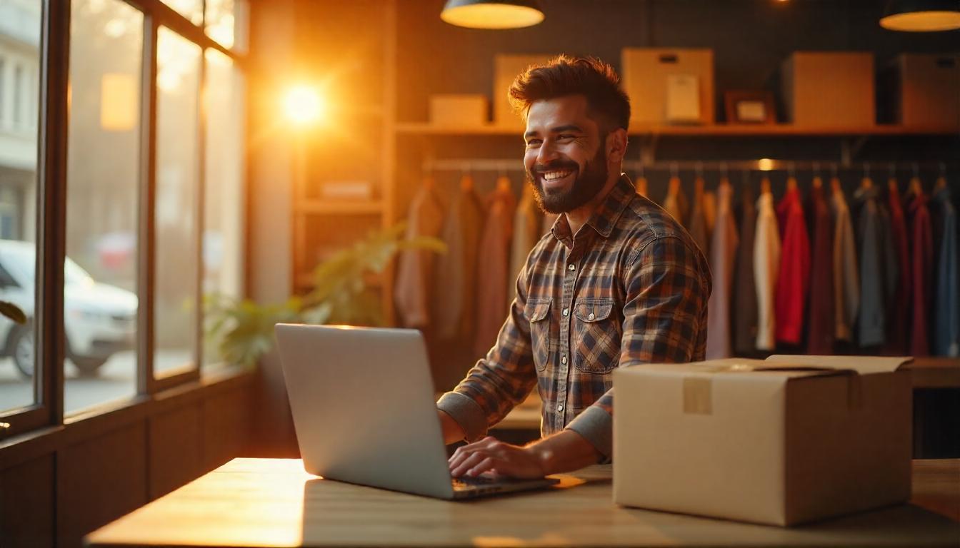 una hombre joven en su tienda de ropa emocionado y feliz, con una computadora y un paquete de envio grande en su escritorio. Tema:Cómo expandir tu negocio a nuevos mercados internacionales de manera exitosa