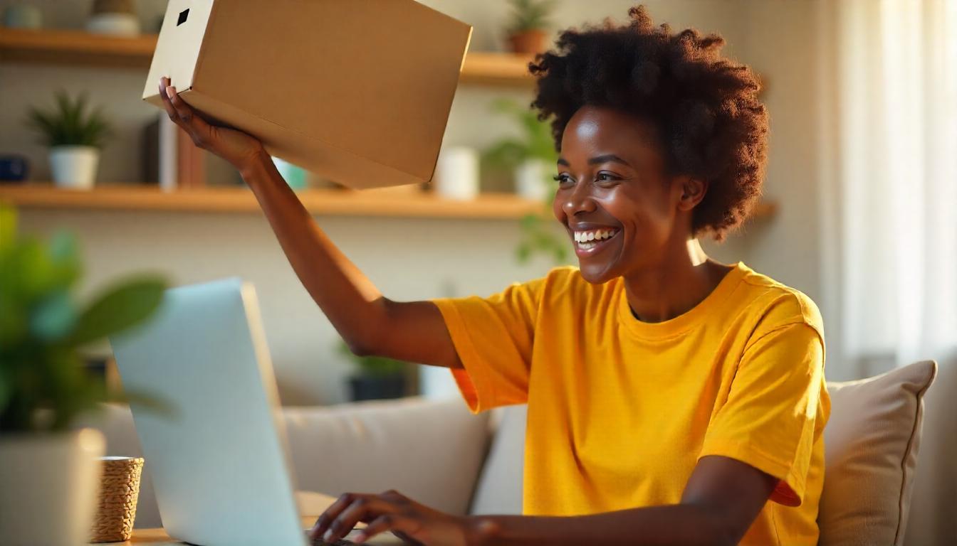 Una persona feliz alzando su paquete de envío. Tema:Cómo obtener tu permiso de importación o exportación