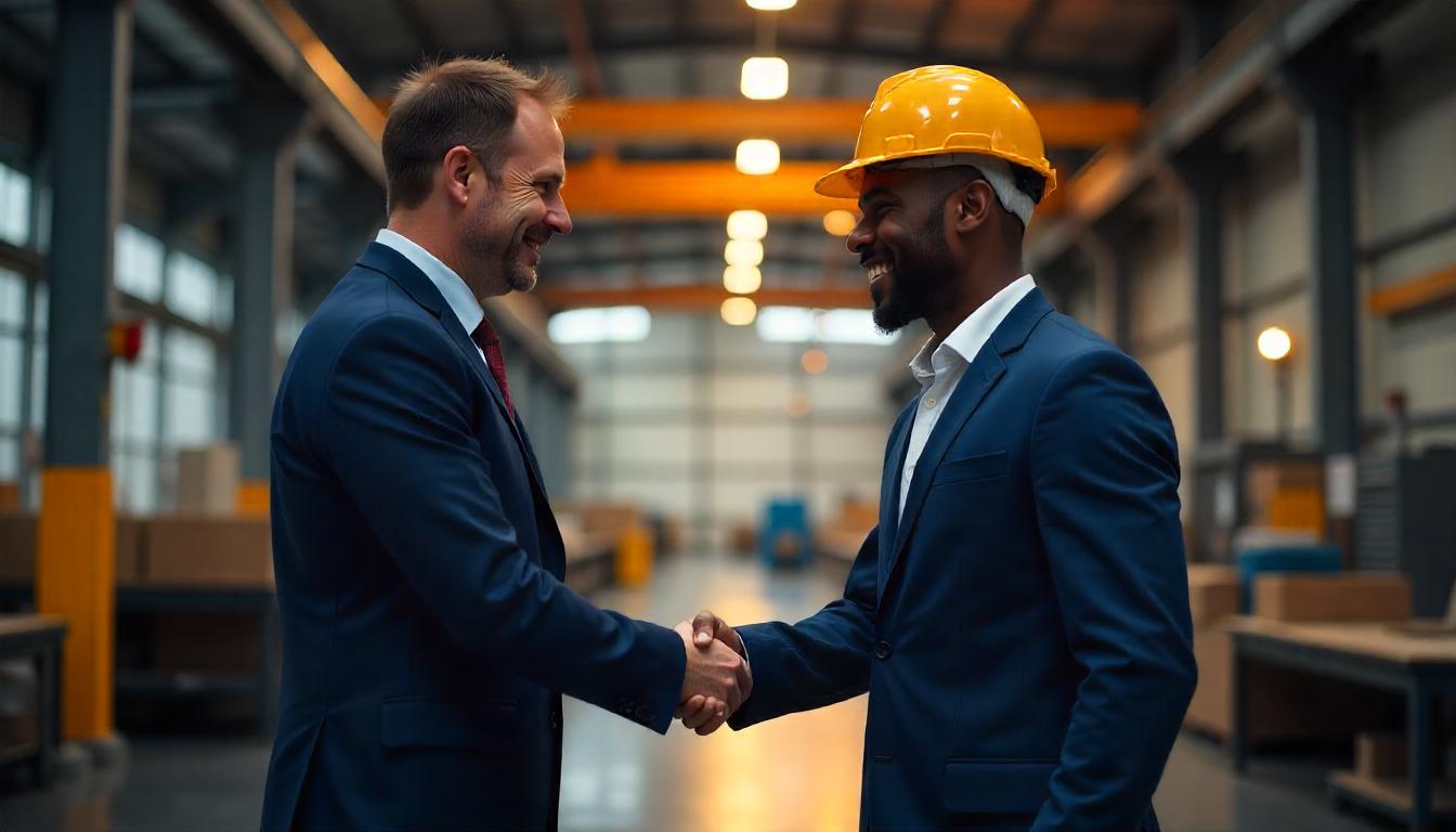 Dos personas estrechando manos en un entorno industrial. Tema:Estrategias efectivas para negociar con proveedores internacionales