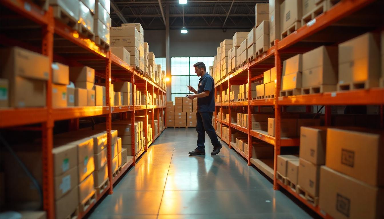 Un almacén moderno con estanterías codificadas, empleados escaneando códigos QR en cajas y un montacargas transportando mercancía de manera ordenada. Tema:La clave de la logística eficiente: Menos caos, más control