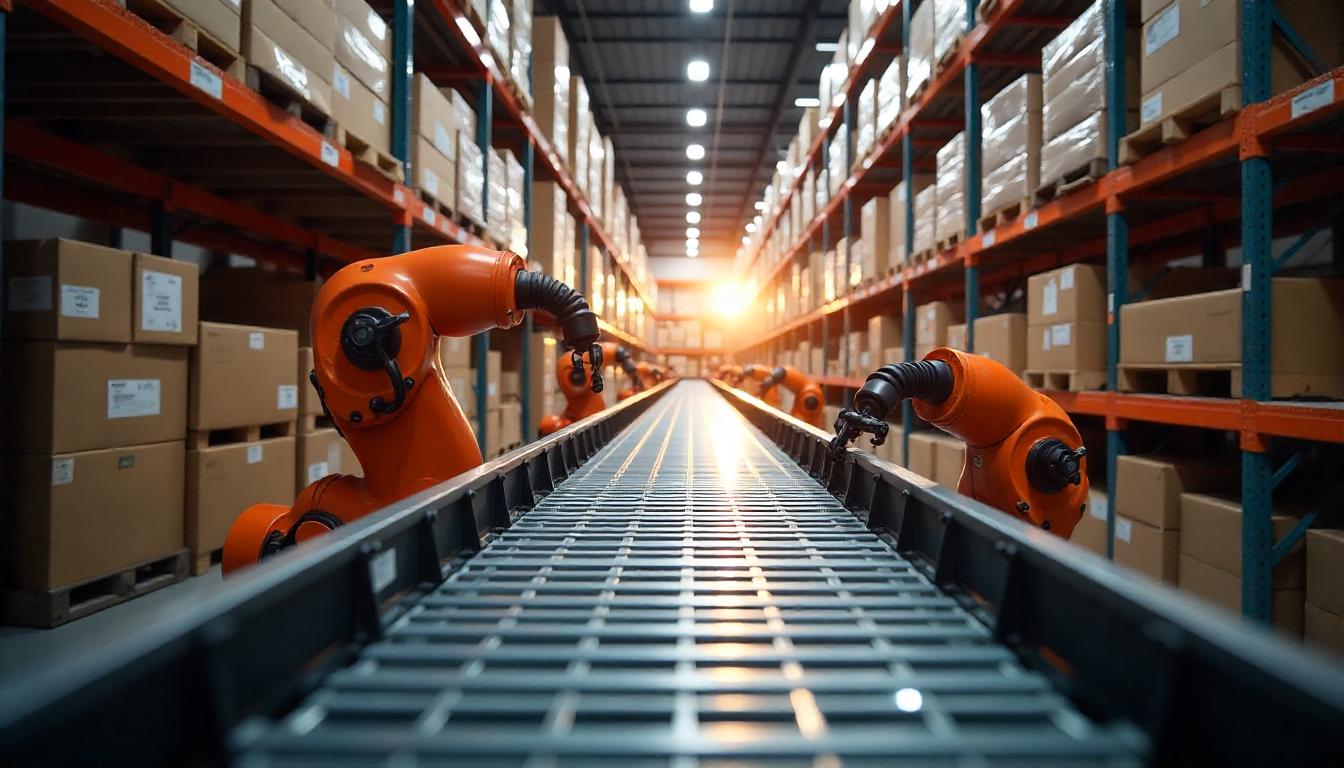 un robot moviendo cajas en un almacén. Tema:El impacto de la inteligencia artificial en la logística y el comercio internacional