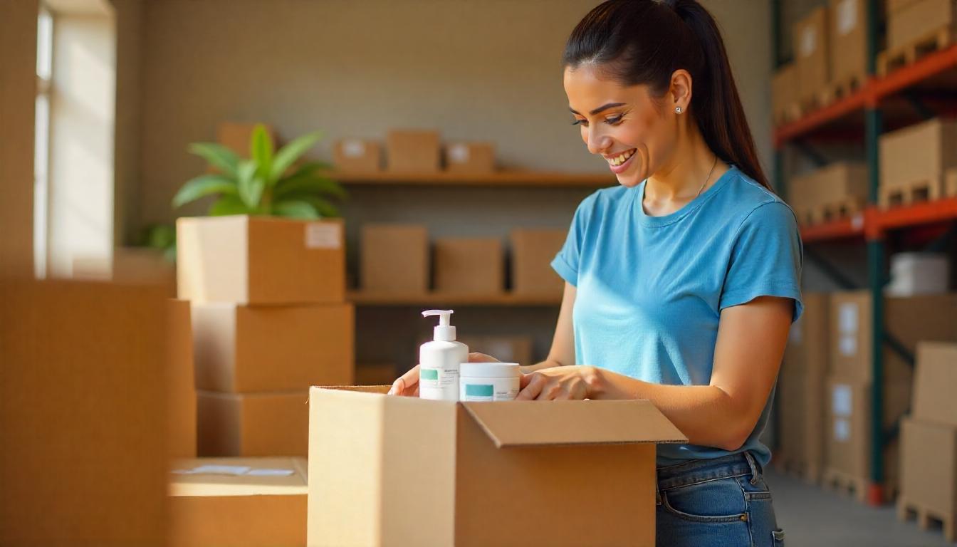Una persona empacando productos en una caja con su logo de marca. Tema:Evita pérdidas en tu negocio: Gestión inteligente de riesgos logísticos