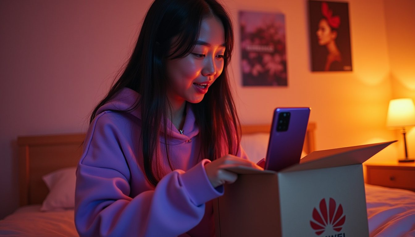 Chica sacando un teléfono de una caja de envío. Tema: ¿Cómo comprar en VMall desde México?