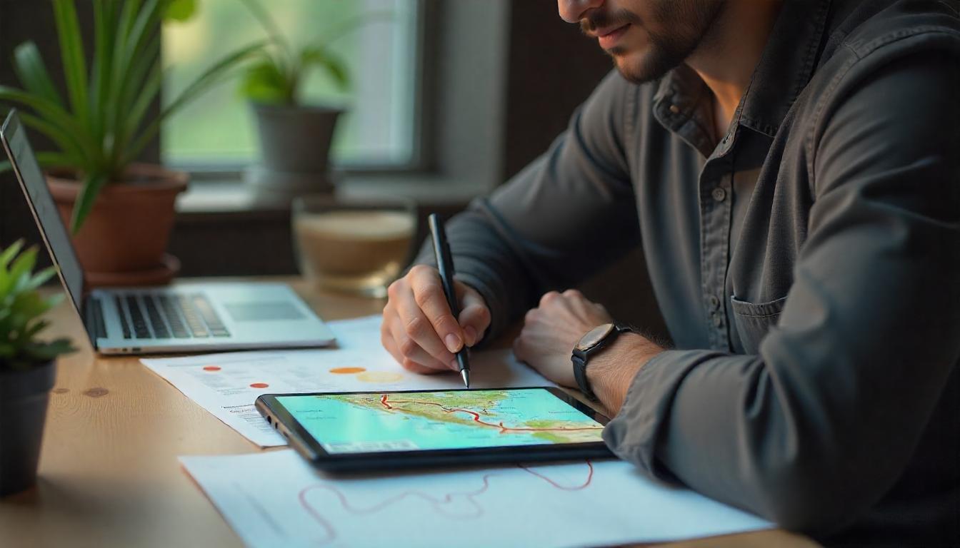 Un gerente de logística revisando un tablero digital con un mapa de rutas y alertas de riesgos. Tema:Evita pérdidas en tu negocio: Gestión inteligente de riesgos logísticos
